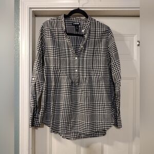 Lands' End Black and White Plaid Pintuck Pleat Popover Henley Tunic Top Size 12